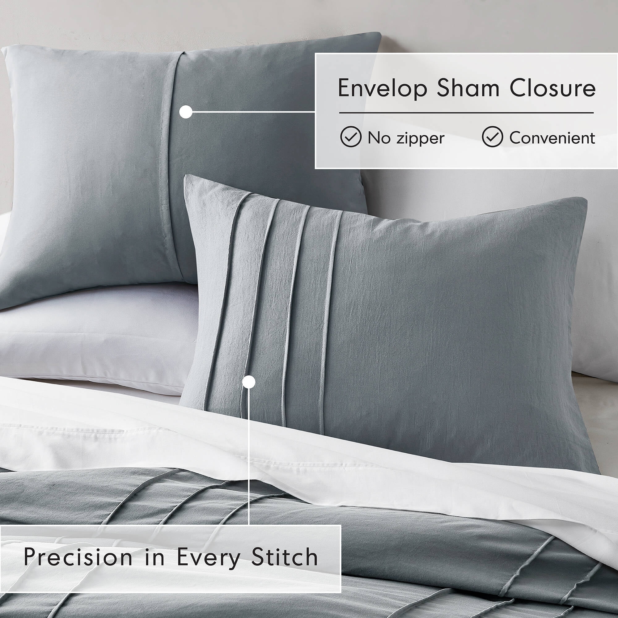 Regency Heights Full Comforter Set, Boho 3-Piece Pintuck Stitching Bedding Set, Soft Washed Pleated Bed Sets with Pillow Sham Blue/Grey