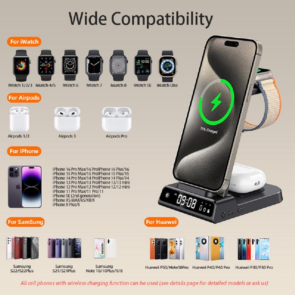 Wireless Charger Fits for iPhone & Samsung, 3 in 1 Fast Charging Station for Multiple Devices with Digital Clock Charging Dock Stand Compatible with iPhone & Apple Watch & AirPods,Black