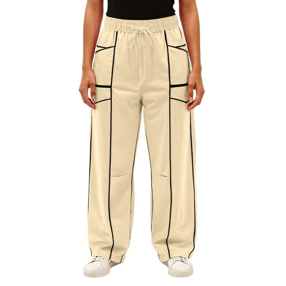 Palazzo Pants for Women High Waisted Lounge Pants Wide Leg Drawstring Baggy Pants with Pockets Fall Athletic & Casual Outfits Beige S