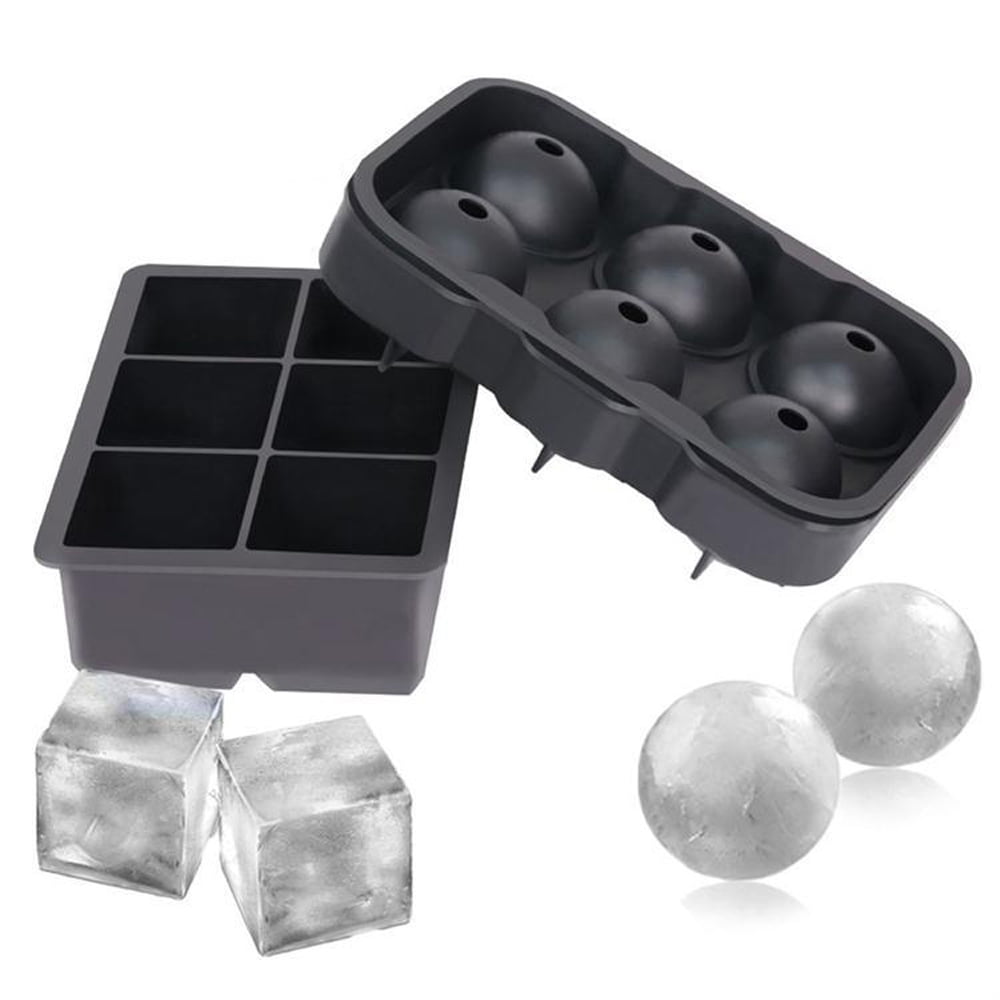 Silicone Sphere Whiskey Ice Ball Maker with Lids & Large Square Ice Cube Molds for Cocktails & Bourbon KOSMOO 6 Cube Reusable & BPA Free Ice Cube Trays