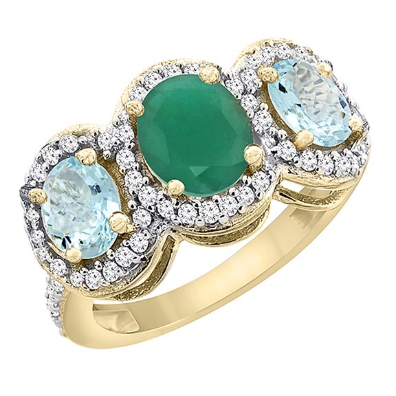 14K Yellow Gold Natural HQ Emerald & Aquamarine 3-Stone Ring Oval Diamond Accent, size 7