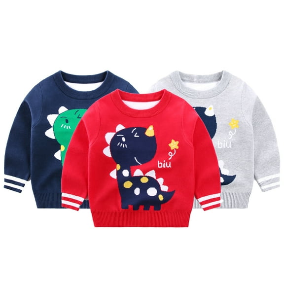 Godderr Toddler Kids Boys Pullover Sweaters Baby Knitted Sweater Round Neck Sweaters, Long Dinosaur Print Loose Knitted Pullovers for 1-7 Years