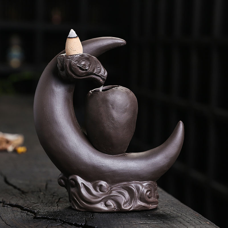 Purple Clay Moon Shape Backflow Incense Burner Creative Halloween Skull Head Smoke Sandalwood Incense Holder Home Decor