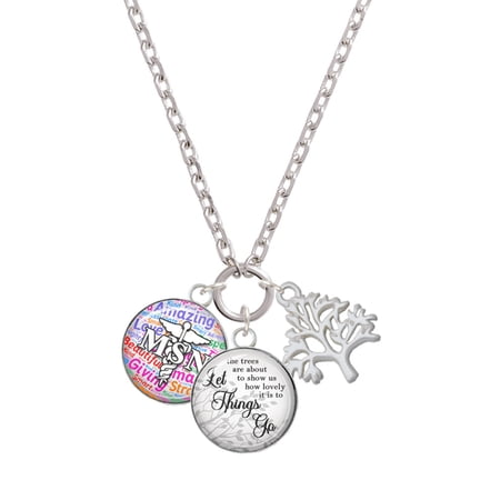 Delight Jewelry Silvertone Domed Multi Color MSN Let Things Go Fall Zoey Charm Necklace, 28"