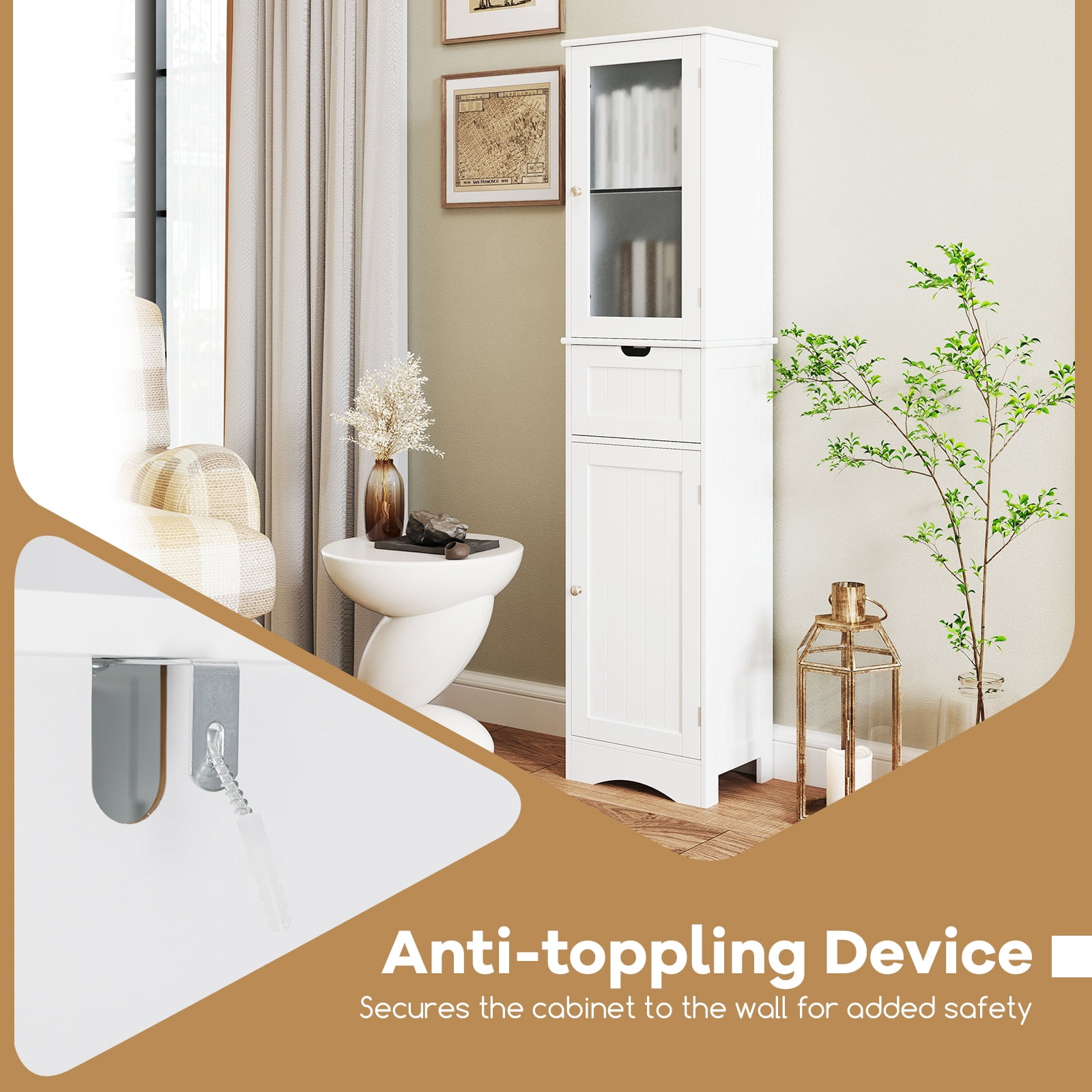 Giantex Tall Bathroom Storage Cabinet, Narrow Slim Linen Tower, Freestanding Floor Cabinet, White