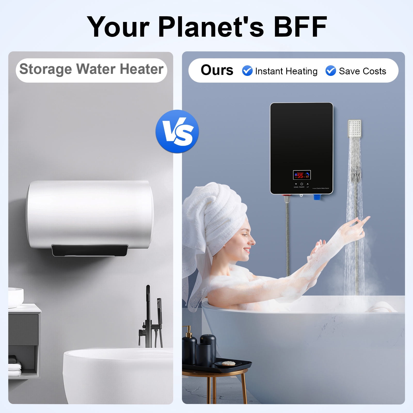 220V Tankless Water Heater Electric Water Heater for bathroom With Shower Head 6000W Black