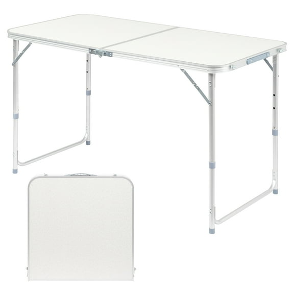 Folding Table 4 Foot Portable Heavy Duty Plastic Fold-in-Half Utility Table Small Indoor Outdoor Adjustable Height Folding with Carrying Handle, Camping and Party,White | Portable