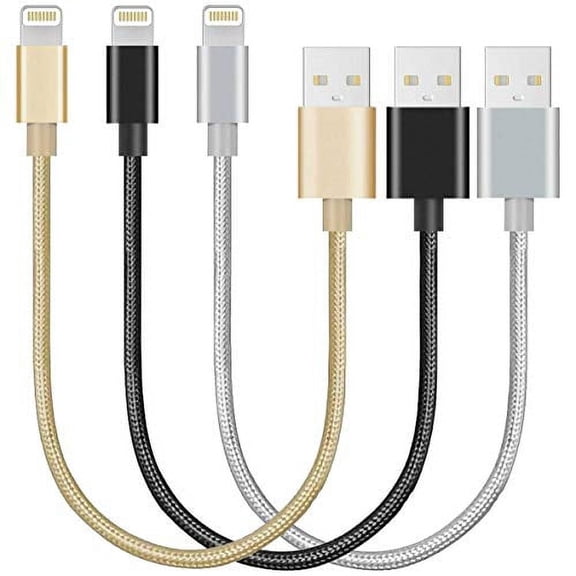 Nylon Braided USB Lightning Charging Cable/Data Sync USB Compatible for iPhoneX Case/8/8 Plus/7/7 Plus/6/6s Plus,iPad Mini- Gold, Black, Grey, 8-inch, 3-Pack