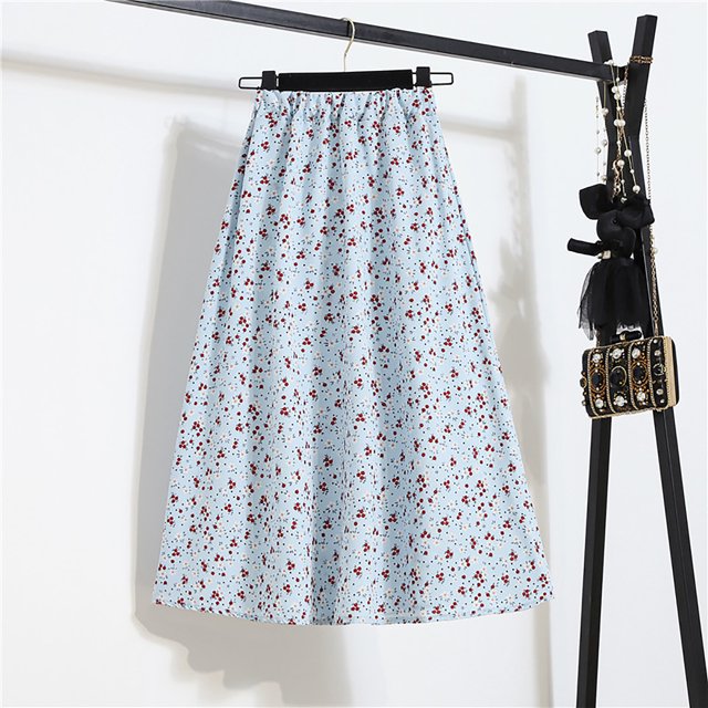 ICHUANYI Clearance Women's Elastic Waist Printed Mid-length With Pleated Large Hem A-line Skirt(Blue, XL) Ichuanyi Ichuanyi