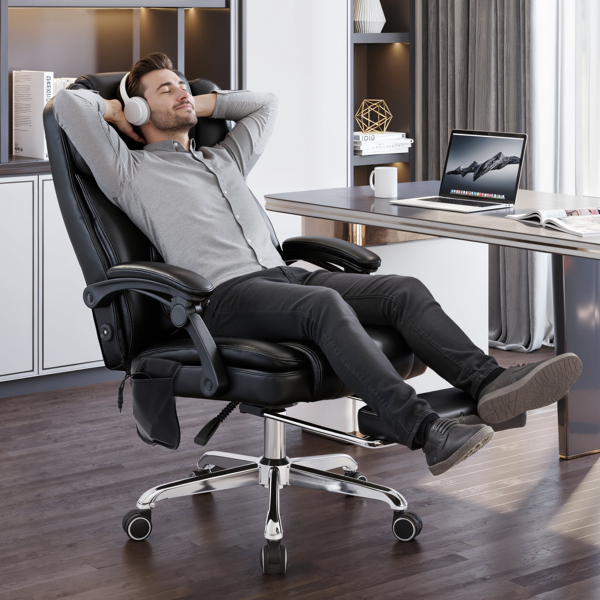 EOP Big and Tall Massage Office Chair, Faux Leather Ergonomic Computer Chair with Back Support Pillow, High Back Reclining Desk Chair for Heavy People, Black