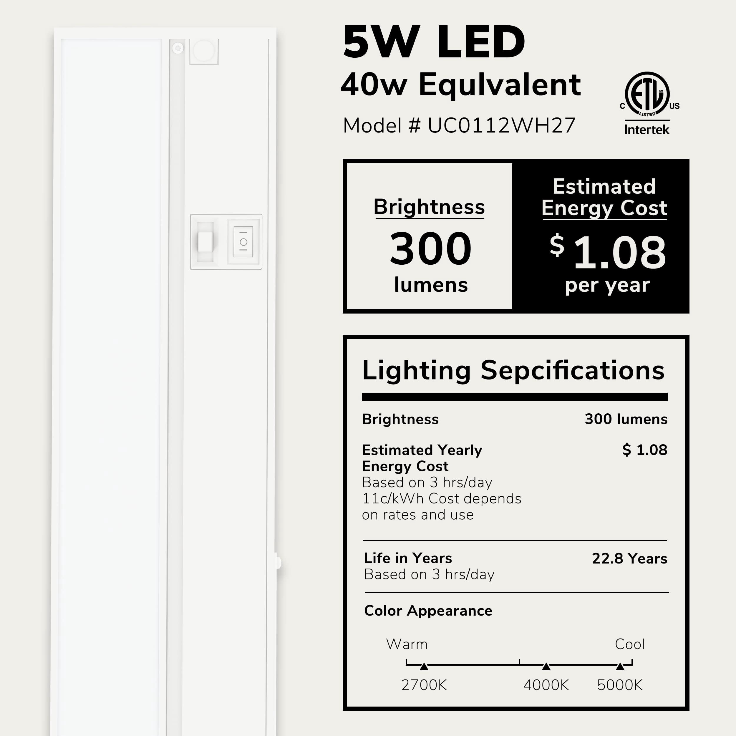 Inlight 12-inch LED Under Cabinet Lighting, Hardwired or Plugged-in, 2700K/4000K/5000K, Power Cord Sold Separately, White, UC0112WH27