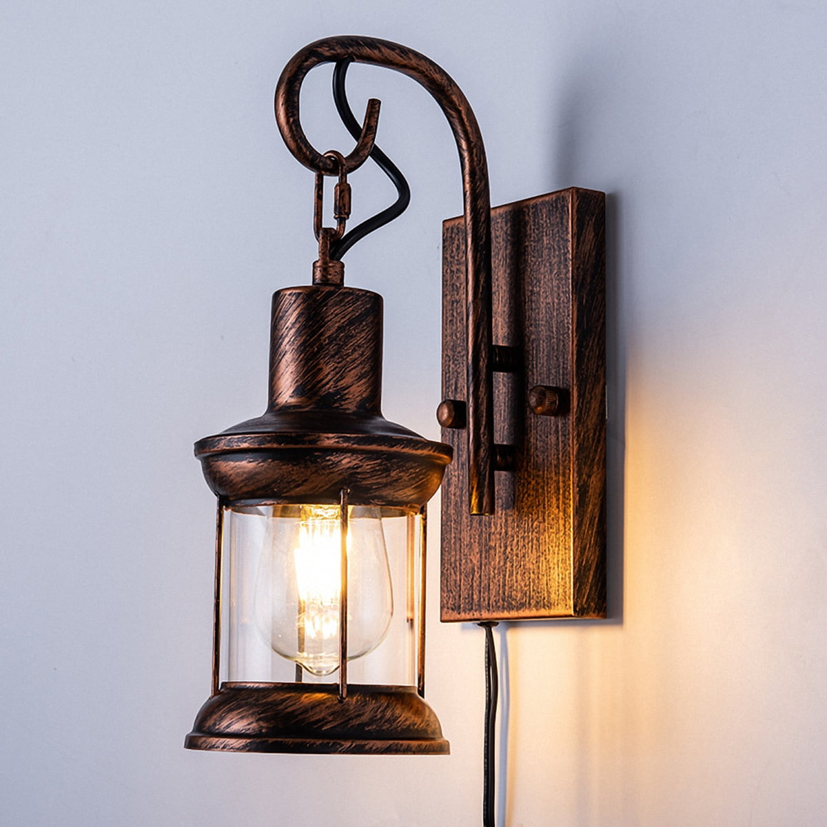 Farmhouse Vintage Wood Wall Lamp Glass Lantern Cafe Aisle Wall Light Sconce 