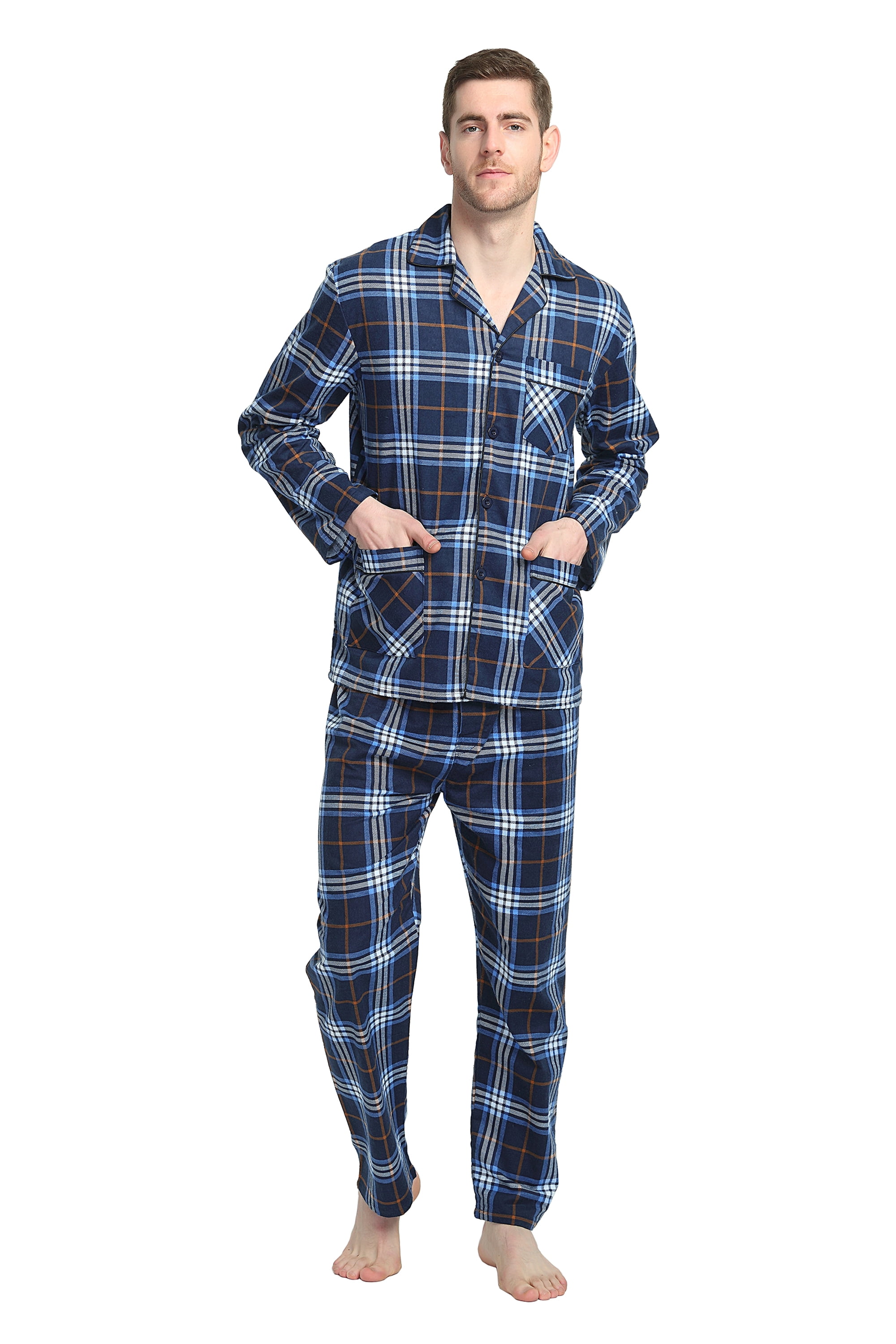 GLOBAL Men's Pajamas Sets 100 Cotton Flannel Sleepwear LongSleeve Top
