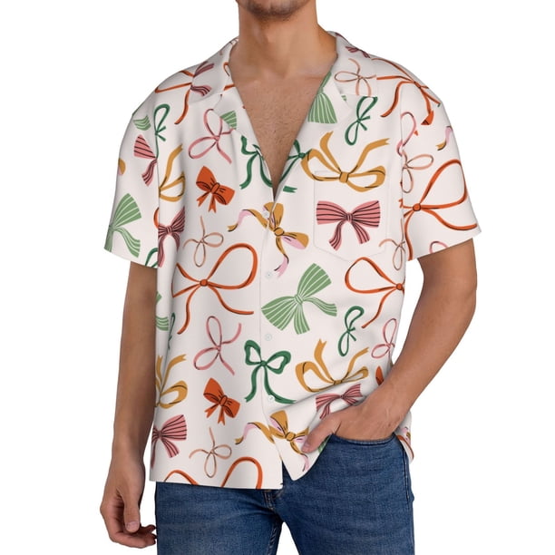 Fotbe Colorful Bow Knots Camisa Estampada de Manga Corta para Hombre, Casual de Verano, Estilo Playero, Sin Arrugas-Small