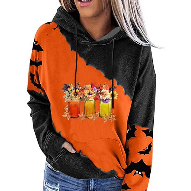 Blusa de manga larga suelta con estampado de Acción de Gracias de Halloween para mujer, Tops informales, sudaderas con capucha Fridja bvmnju5588
