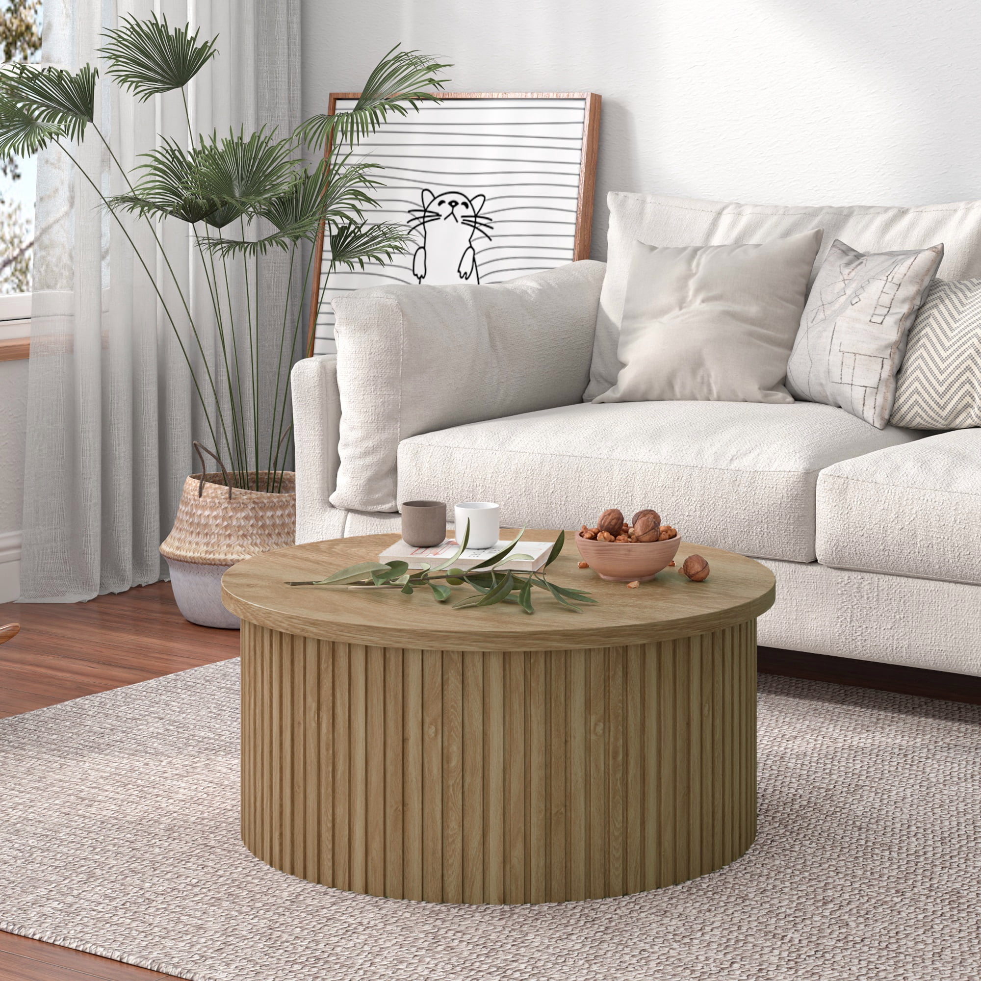 Round Lift Top Coffee Table with Storage Farmhouse Center Table with Hidden Compartment Circle Sofa Table for Living Room Wood