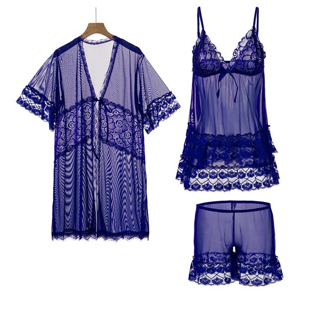 Ropa de casa de estilo europeo para mujer, traje de pijama Sexy de verano, conjunto de tres piezas, ropa de dormir de encaje de gasa