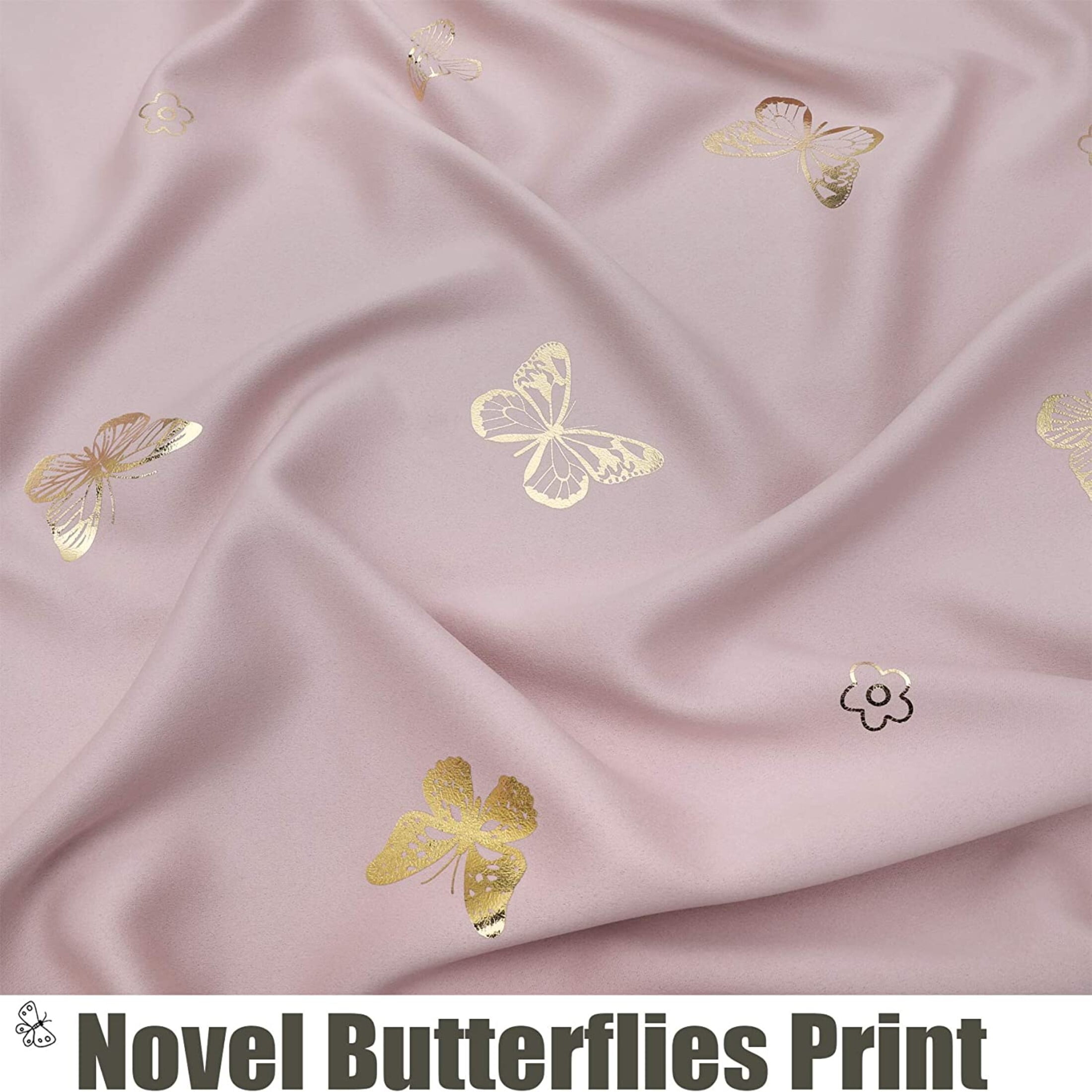 Flowpartex Pink Butterfly Blackout Curtains 2 Panels 84"L×52"W for Baby Girls Nursery Bedroom, Kids Gold Metallic Floral Print Room Darkening Window Drapes for Bedroom Living Room