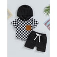 thumbnail image 2 of Suealasg Kids Boys Summer Outfit 6M 1T 2T 3T Short Sleeve Checkerboard Print Hooded Tops + Drawstring Shorts Toddler Baby Boy Clothes Sets, 2 of 8