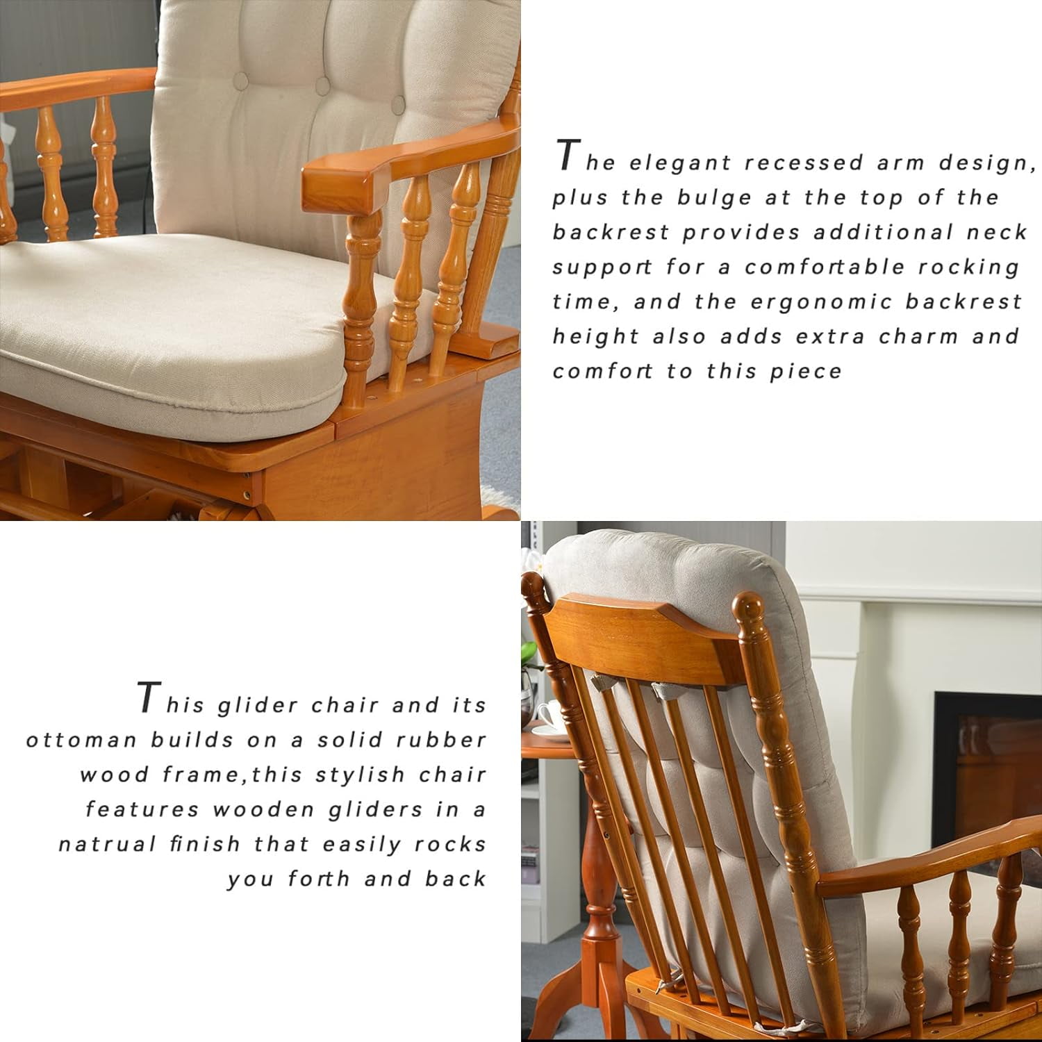 Anti-Pinch Hand Glider Chair for Nursery with Ottoman, Resistant Rubber Wood Glider Rocking Chair Sets for Nursing, Relaxing, Living Room, Bedroom, Rustic Brown