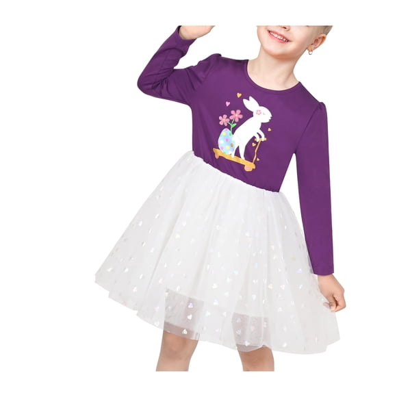 Vestido de Niña Morado Pascua Bunny Búsqueda de Huevos Corazón Fiesta Manga Larga 4 Años