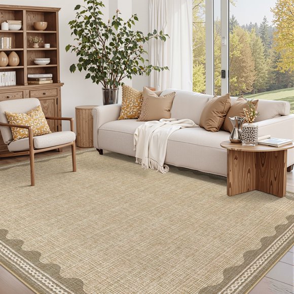 Hasoo Scalloped Pattern Washable Area Rug for Living Room Dorm Non Slip Indoor Geometric Bordered Throw Carpet, 8' x 10' Natural