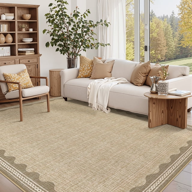 Nanan 5'x7' Scalloped Edge Area Rug, Machine Washable Low-Profile Woven Carpet, Non-Slip Soft Textured Rug for Living Room Bedroom Nursery Home Decor,Heather