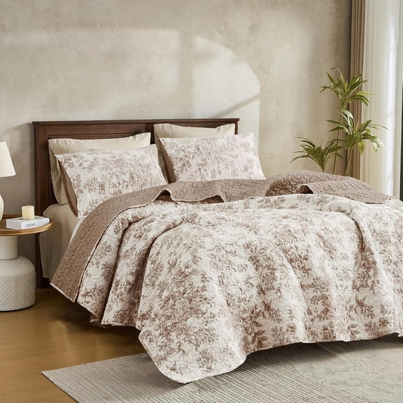 Taupe Floral Cotton Queen Quilt Set 3-Piece