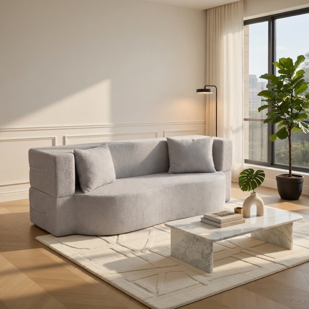 Hommoo 75.5" 2-in-1 Folding Sofa Bed, Teddy Fleece Convertible Floor Loveseat with Removable Washable Cover, Ergonomic Curved Back, 2 Plush Pillows, Gray