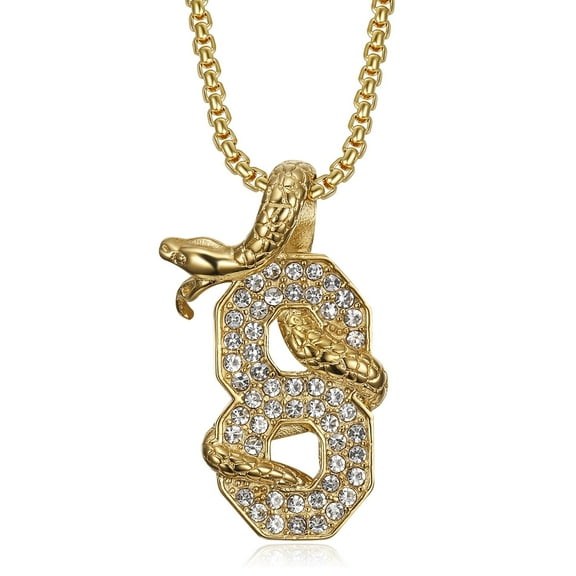 NEGS 18K Gold Plated Number 8 Snake Pendant Basketball Star Memorial Souvenir 24'' Chain Stainless Steel Necklace for Men Women