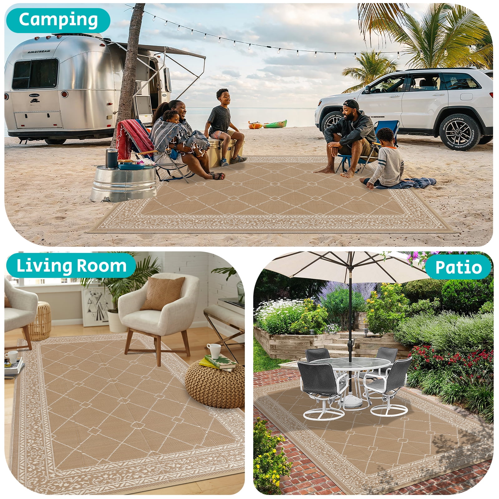 Enyhom Outdoor Rug Waterproof 9'x12', Reversible Plastic Straw Rug RV Camping Rug,Outside Carpet for Porch,Deck,Camper,Balcony,Backyard,Picnic，Beige
