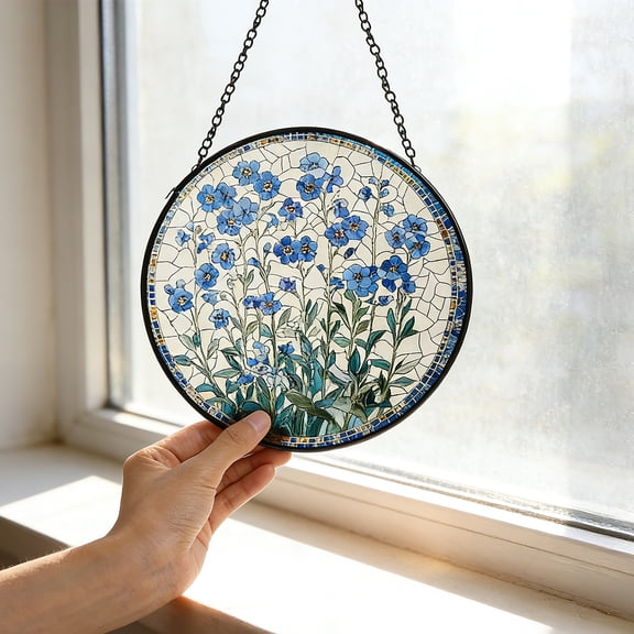 Stained Glass Suncatcher Blue Forget Me Not Floral Round Window Hanging Art with Metal Chain for Indoor Outdoor Garden Patio Home Decor 7.9 Inch