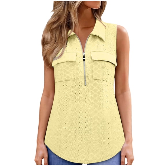 FAHXNVB Women's Lapel Sleeveless Shirt Eyelet Lace Half Zip Tank Tops with Chest Pockets Casual Fashion Summer Solid Color Breathable Tops