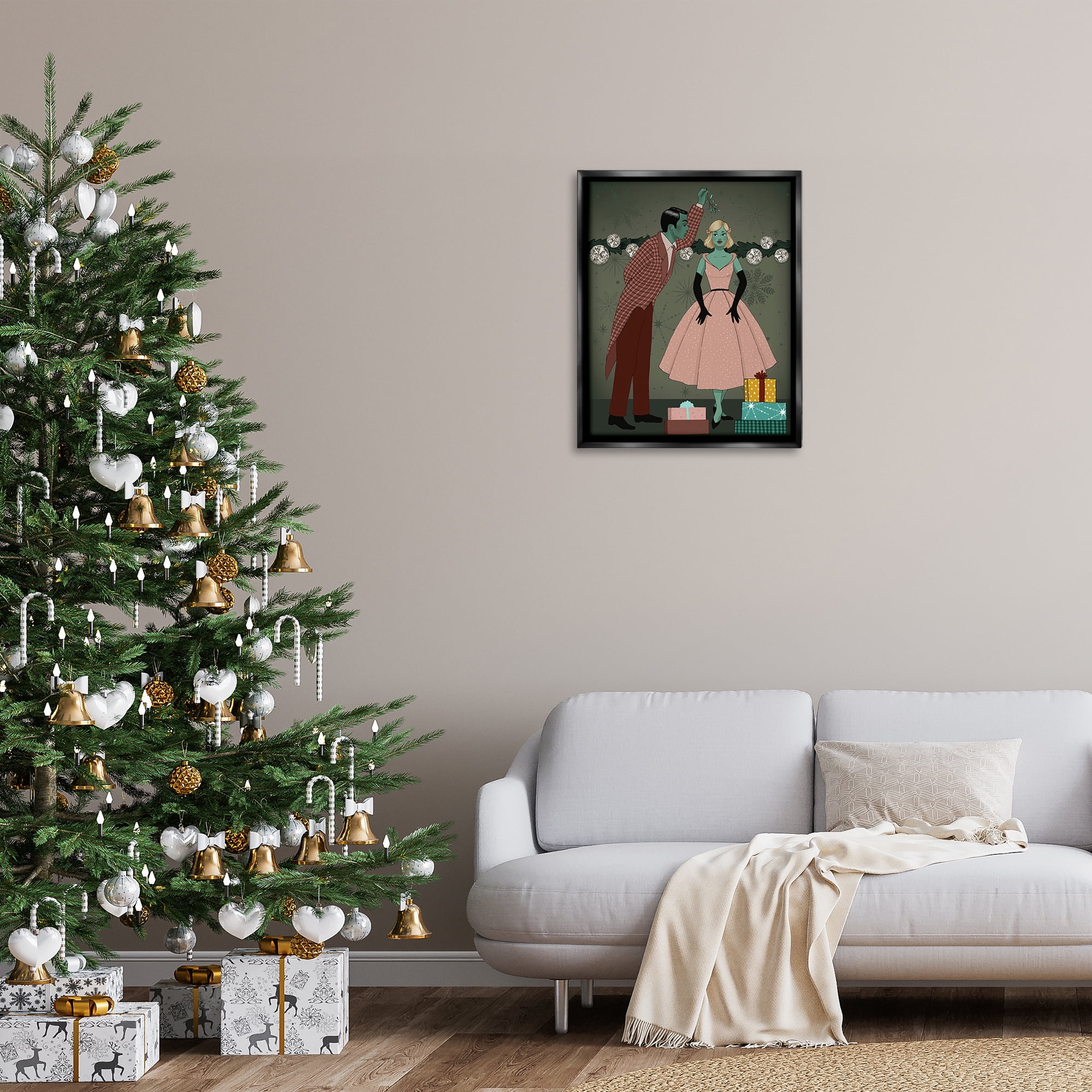 Stupell Industries Romantic Christmas Kiss Holiday Painting Black Floater Framed Art Print Wall Art, 25 x 31