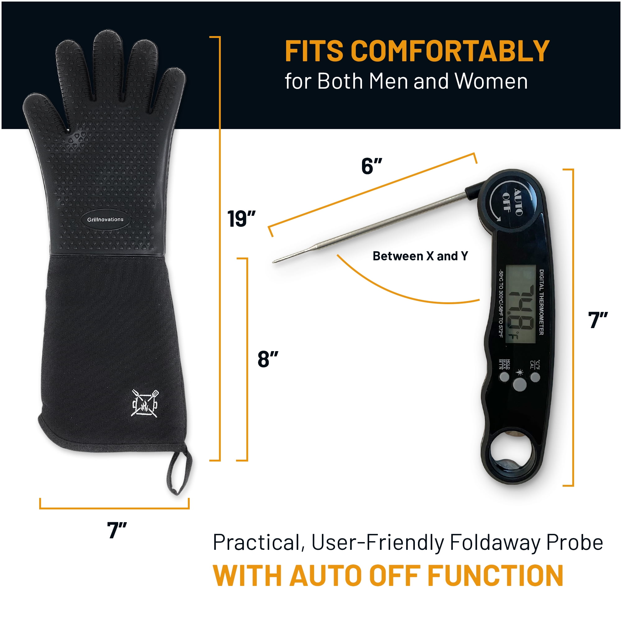 Duo Pack Instant Read Food and Meat Digital Thermometer and Grilling Glove. Power Saving and Backlight function. Grilling Guide Included