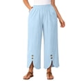 thumbnail image 3 of Thousandth Women's Cotton Linen Pants Casual Summer Elastic Waist Wide Leg Loose Fit Palazzo Pants Cropped Trousers with Button Decor and Slit Hem Daily Wear, 3 of 7
