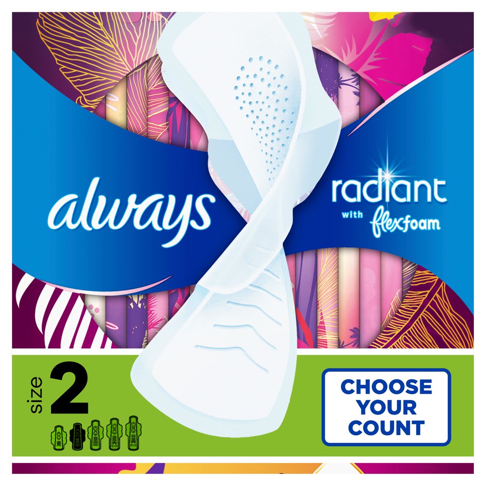 Always Radiant Heavy Pads, Winged, Light Clean Scent, Size 2, 36 Ct