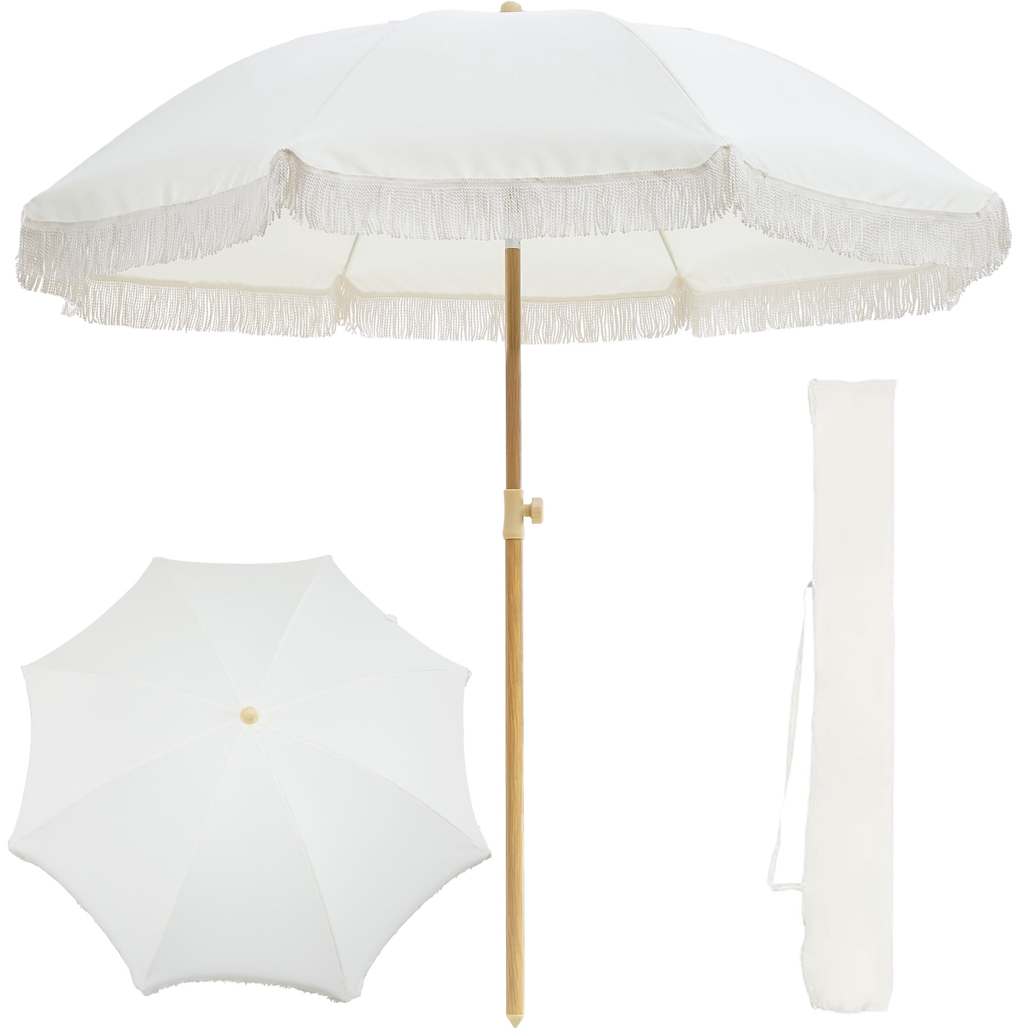 7FT Boho Patio Umbrella with Fringe, UPF50+ Outdoor Umbrella with Fiberglass Ribs and Push Button Tilt, Tassels Umbrella for Beach, Terrace, Picnic