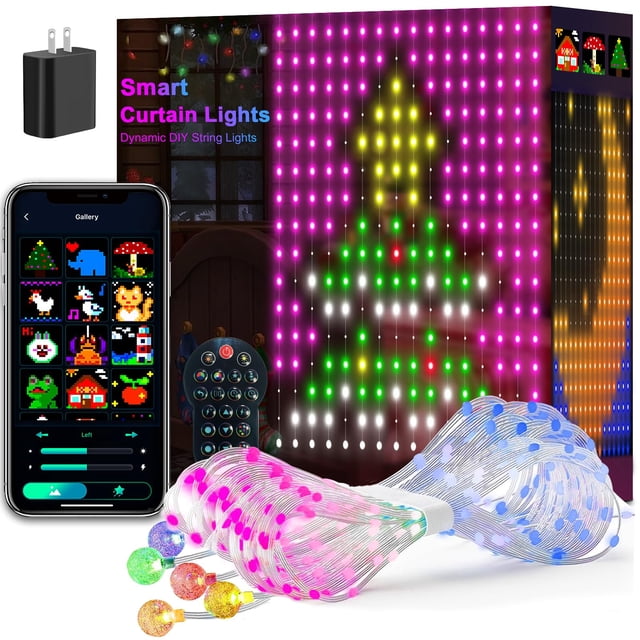 luces de cortina Joeier Smart LED con aplicación y control remoto 1,6 x 1,6 m IP65, pantalla frontal centrada de 1,6 x 1,6 m con patrón pixelado de árbol navideño en magenta, verde y amarillo; tiras con 256 cuentas LED individuales visibles, control remoto con botones, pantalla de app en teléfono mostrando galería y controles de brillo/velocidad, adaptador y cables visibles, y mención de clasificación IP65. Suele usarse para crear patrones DIY y sincronizar luces con música mediante la app.