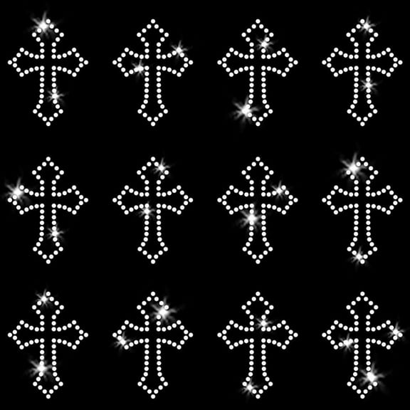 Set of 12 Tiny Cross Gothic Christian Faith Sparkly Crystal Clear Bling Iron-on Rhinestone Transfer by JCS Rhinestones