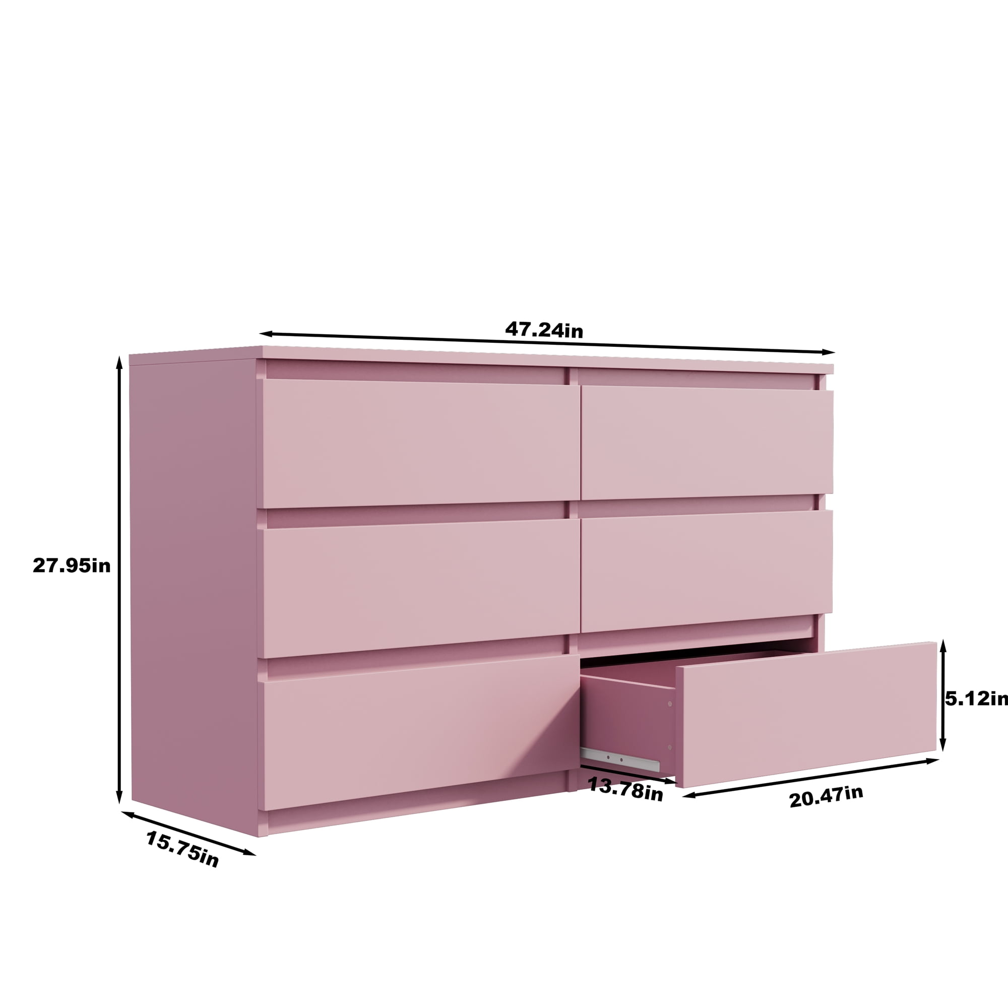 Lunale 6 Drawer Wide Dressers Chest for Bedroom, Storage Drawer Organizer with Modern Minimalist Design, Pink