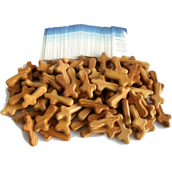 Holy Land Market 100 Small Olive Wood Pocket/Holding Crosses - 2.75 Inches each with Certificate from Bethlehem
