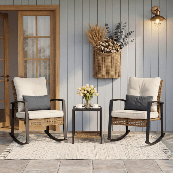 LAZZO 3 Pieces Patio Outdoor Conversation Set with Lumbar Pillows and Coffee Table, PE Wicker Rocking Chairs with Beige Cushions