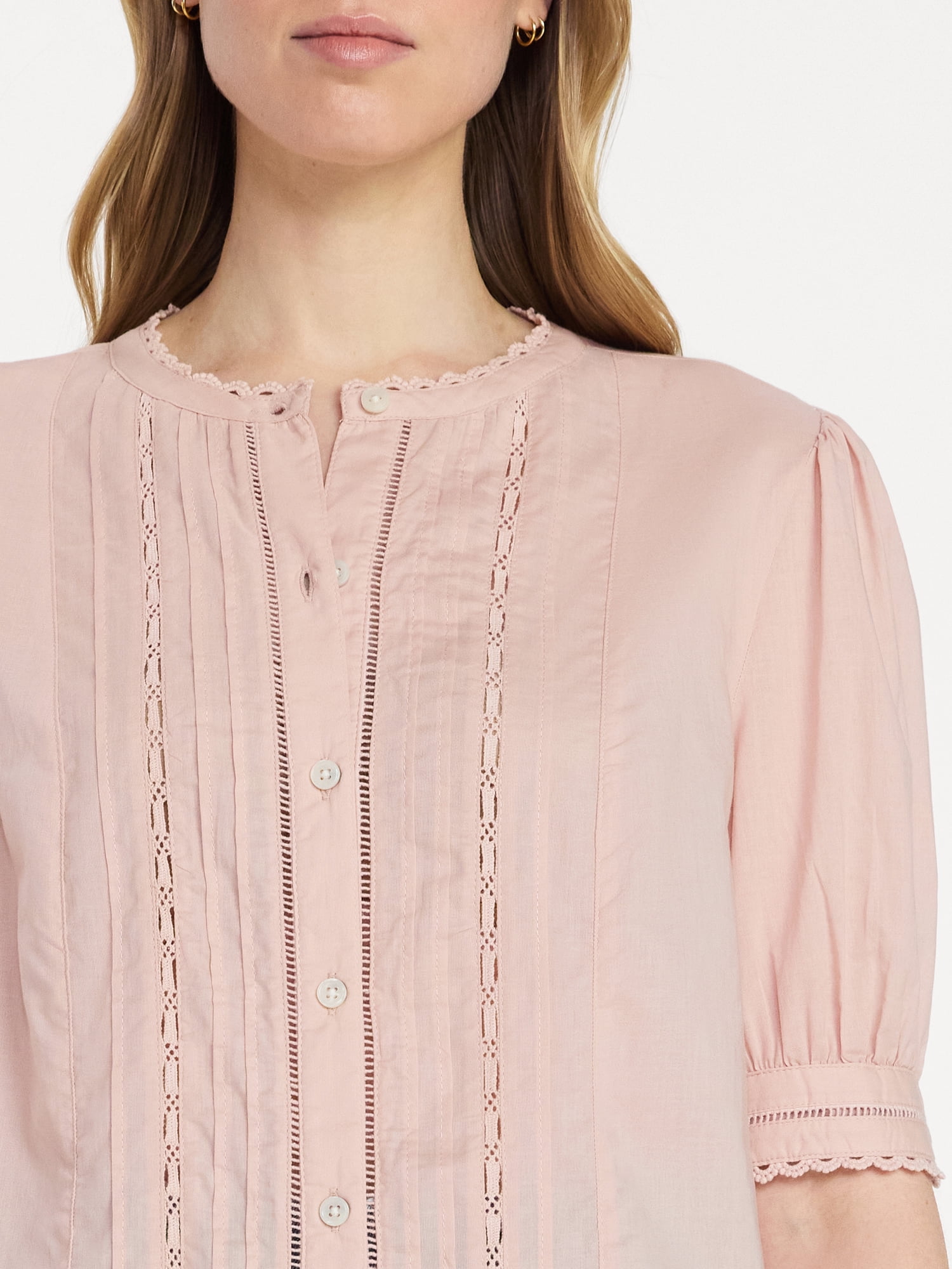 Time and Tru Women's and Women's Plus Cotton Lace Inset Blouse with Elbow Length Sleeves, Sizes XS-4X