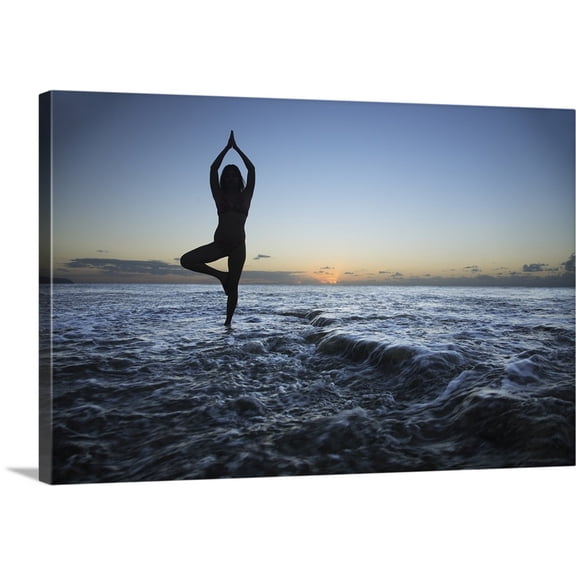 Great BIG Canvas | "Hawaii, Oahu, Fit Young Girl On The Beach Doing Yoga On The Rocky Coastline" Canvas Wall Art - 36x24