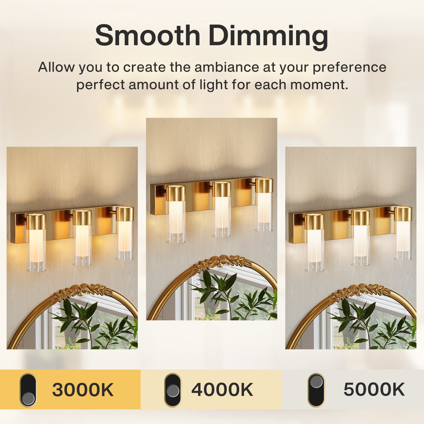 Fnova 19.7" LED Gold Vanity Lights, Modern 3CCT Dimmable Bathroom Light Fixtures with Double Glass Shade, (ETL Listed, Bulbs Included)