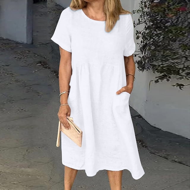 SMihono Robe Maxi Bohème d'Été pour Femmes Grande Taille Mode Féminine Manches Courtes Col Rond Poche Robe Longue Rétro Plage Robe d'Été