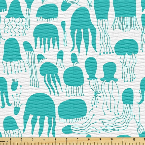 Ambesonne Aqua Jellyfish Fabric by the Yard Upholstery, Sea Life Silhouettes, 5 Yards, Dark Seafoam and White