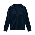 thumbnail image 4 of thefmos Women's V Neck Collared Long Sleeve Velvet Blouse Loose Fit Solid Color Casual Top Fashion Fall Winter Outfit, Blue M, 4 of 7