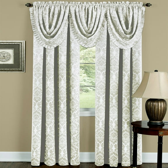 Complete 5 Pc. Damask Thermal Blackout Rod Pocket Window Curtains & Valances Set - Ivory, 63 in. Long